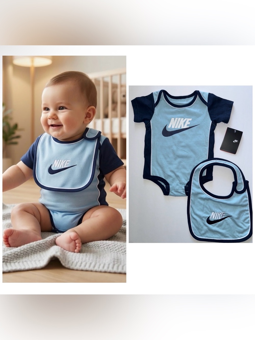 NWT Nike Baby Infant Boys Blue Onesie and Matching Bib Set 3/6M